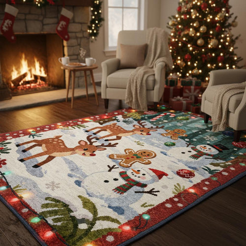 Christmas Rug, Whimsical Reindeer Snowman, Holiday Floor Mat