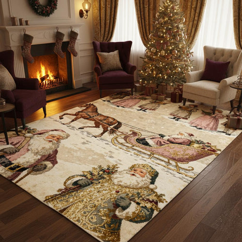 Vintage Santa Sleigh Christmas Rug, Farmhouse Holiday Decor