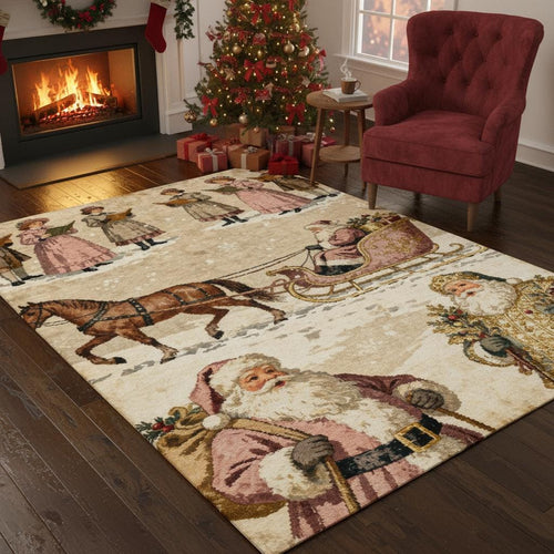 Vintage Santa Sleigh Christmas Rug, Farmhouse Holiday Decor