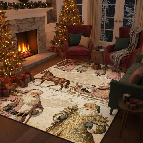 Vintage Santa Sleigh Christmas Rug, Farmhouse Holiday Decor