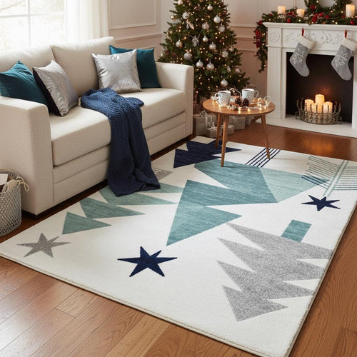 Modern Christmas Rug, Geometric Tree Print, Non-Slip Winter