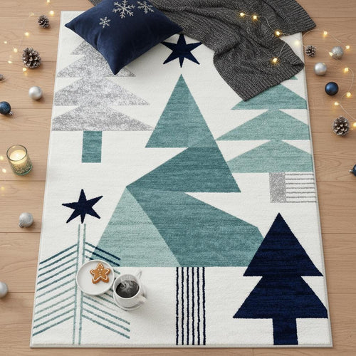 Modern Christmas Rug, Geometric Tree Print, Non-Slip Winter
