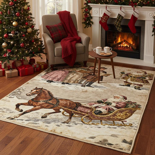 Vintage Santa Sleigh Rug, Victorian Christmas Decor, Non-Slip