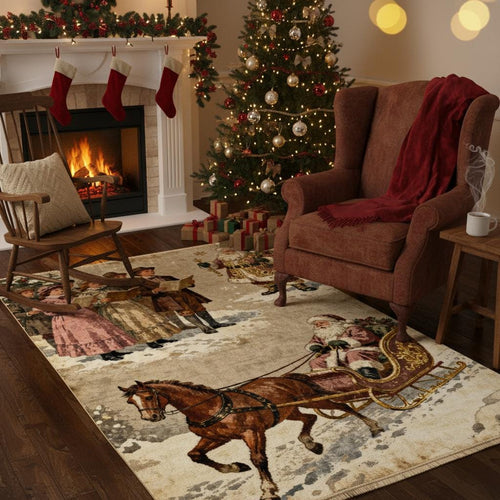 Vintage Santa Sleigh Rug, Victorian Christmas Decor, Non-Slip