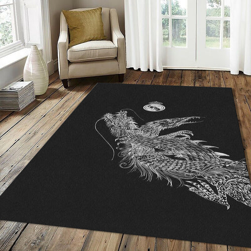 Real Madrid Dragon Fantasy Art Rug Two-Headed Beast Black White