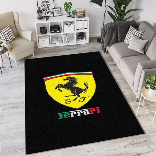 Classic Ferrari Shield Logo Rug Minimalist Black Prancing Horse