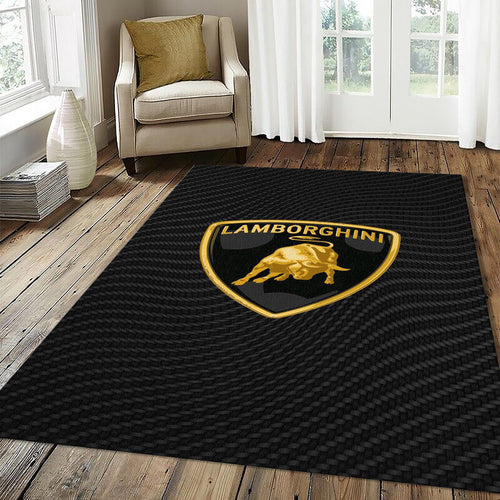 Lamborghini Carbon Fiber Logo Rug Black Gold Technical Bull