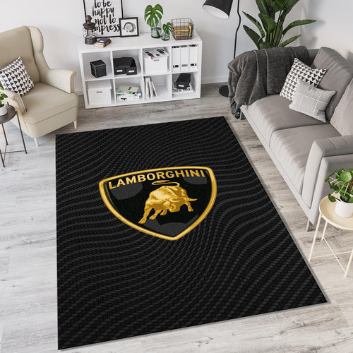 Lamborghini Carbon Fiber Logo Rug Black Gold Technical Bull