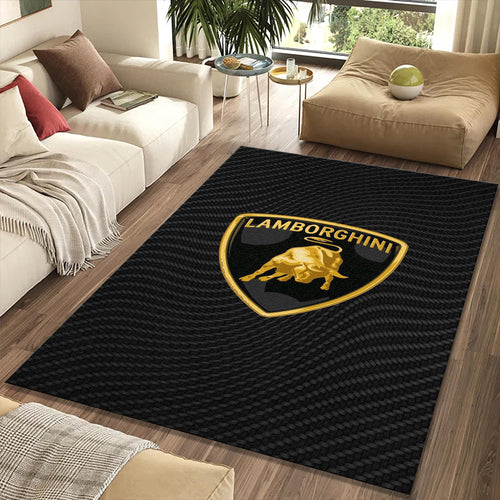 Lamborghini Carbon Fiber Logo Rug Black Gold Technical Bull