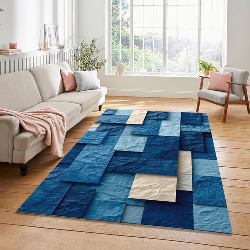 Crumpled Paper Abstract Rug Blue Tones Mosaic Patchwork Mat