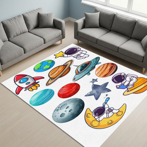 Planets & Astronaut Rug, Kids Nursery Playroom Carpet