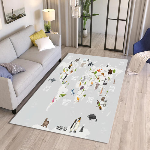 World Animal Map Rug, Cotton Play Mat, Nursery Decor