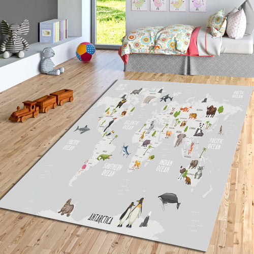 World Animal Map Rug, Cotton Play Mat, Nursery Decor