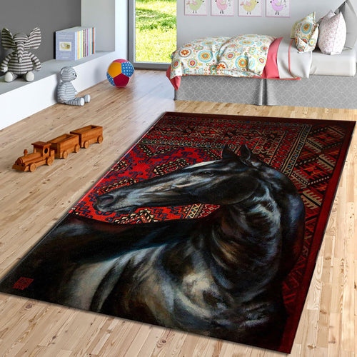 Horse Art Rug, Oriental Style Carpet, Rustic Home Decor