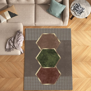 Abstract Hexagon Rug, Gilded Edges, Modern Geometric Art