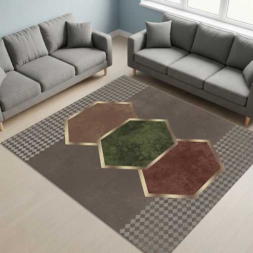 Abstract Hexagon Rug, Gilded Edges, Modern Geometric Art