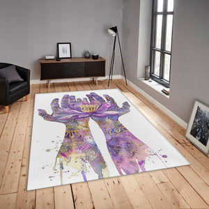 Lotus Flower Hands Area Rug, Spiritual Meditation Carpet, Purple