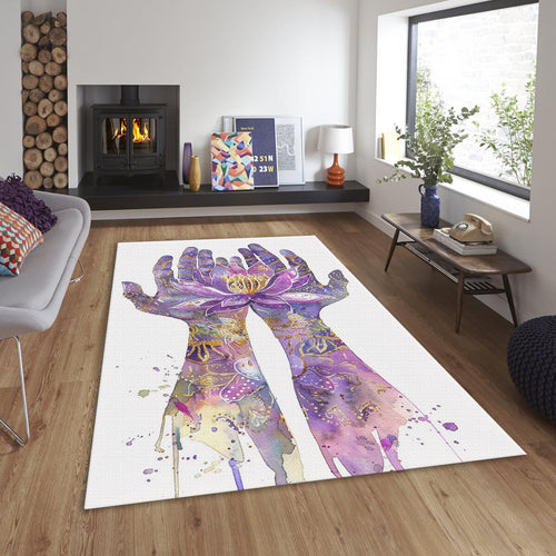 Lotus Flower Hands Area Rug, Spiritual Meditation Carpet, Purple