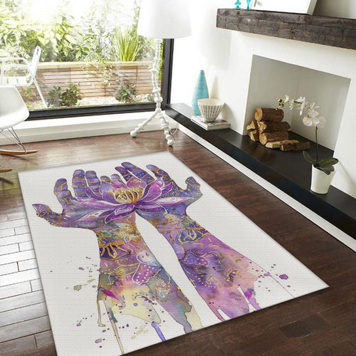 Lotus Flower Hands Area Rug, Spiritual Meditation Carpet, Purple