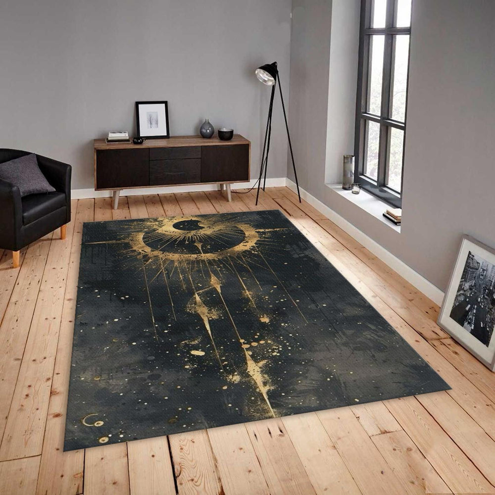 Goth Celestial Rug, Gold Alchemy Symbol, Non-Slip Floor Mat