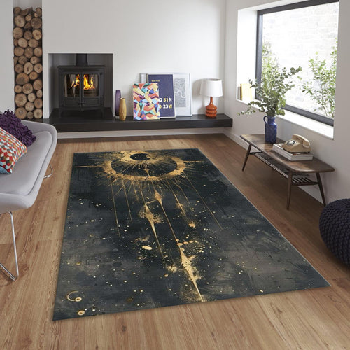 Goth Celestial Rug, Gold Alchemy Symbol, Non-Slip Floor Mat