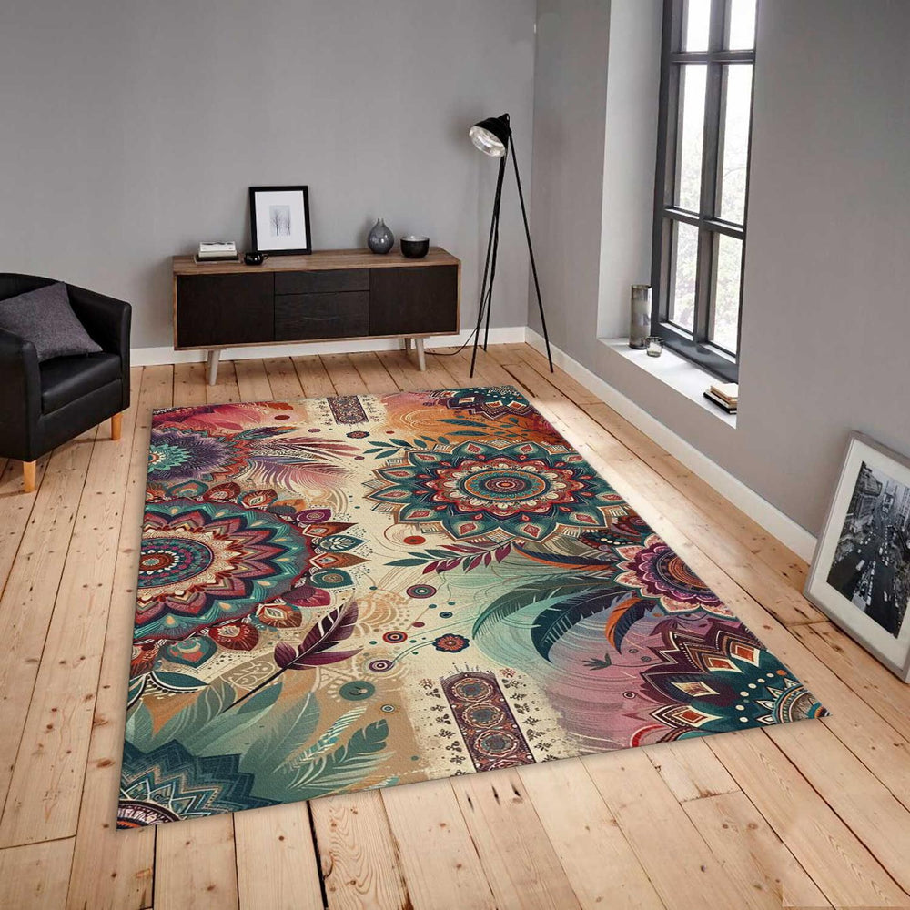 Boho Mandala Rug, Feather Art, Non-Slip Zen Decor