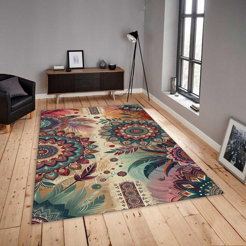 Boho Mandala Rug, Feather Art, Non-Slip Zen Decor