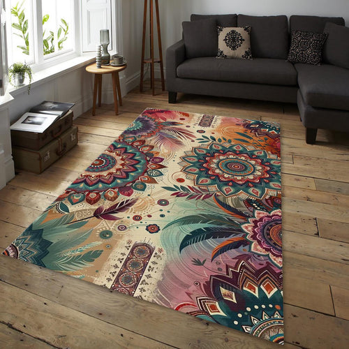 Boho Mandala Rug, Feather Art, Non-Slip Zen Decor