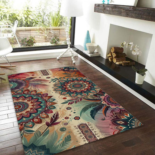 Boho Mandala Rug, Feather Art, Non-Slip Zen Decor
