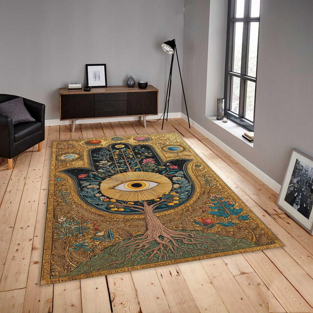 Hamsa Hand Area Rug, Evil Eye Decor, Tree of Life, Non-Slip Floor