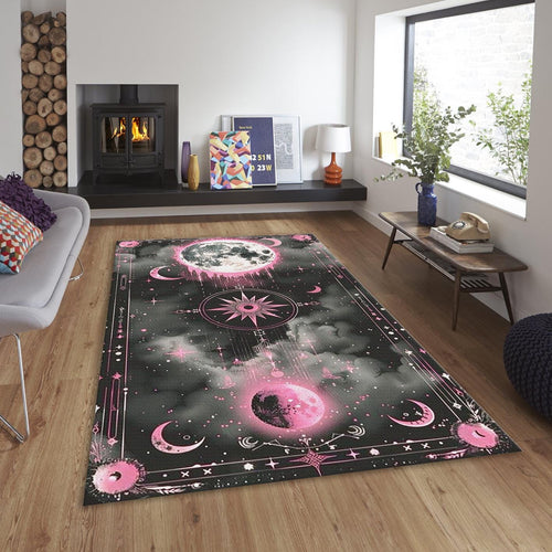 Goth Celestial Area Rug, Pink Black Moon, Witchy Decor