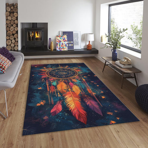 Boho Dreamcatcher Area Rug, Colorful Feather Art, Non-Slip Carpet