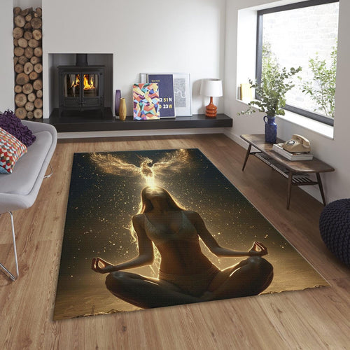 Spiritual Phoenix Area Rug, Gold Meditation Decor, Non-Slip