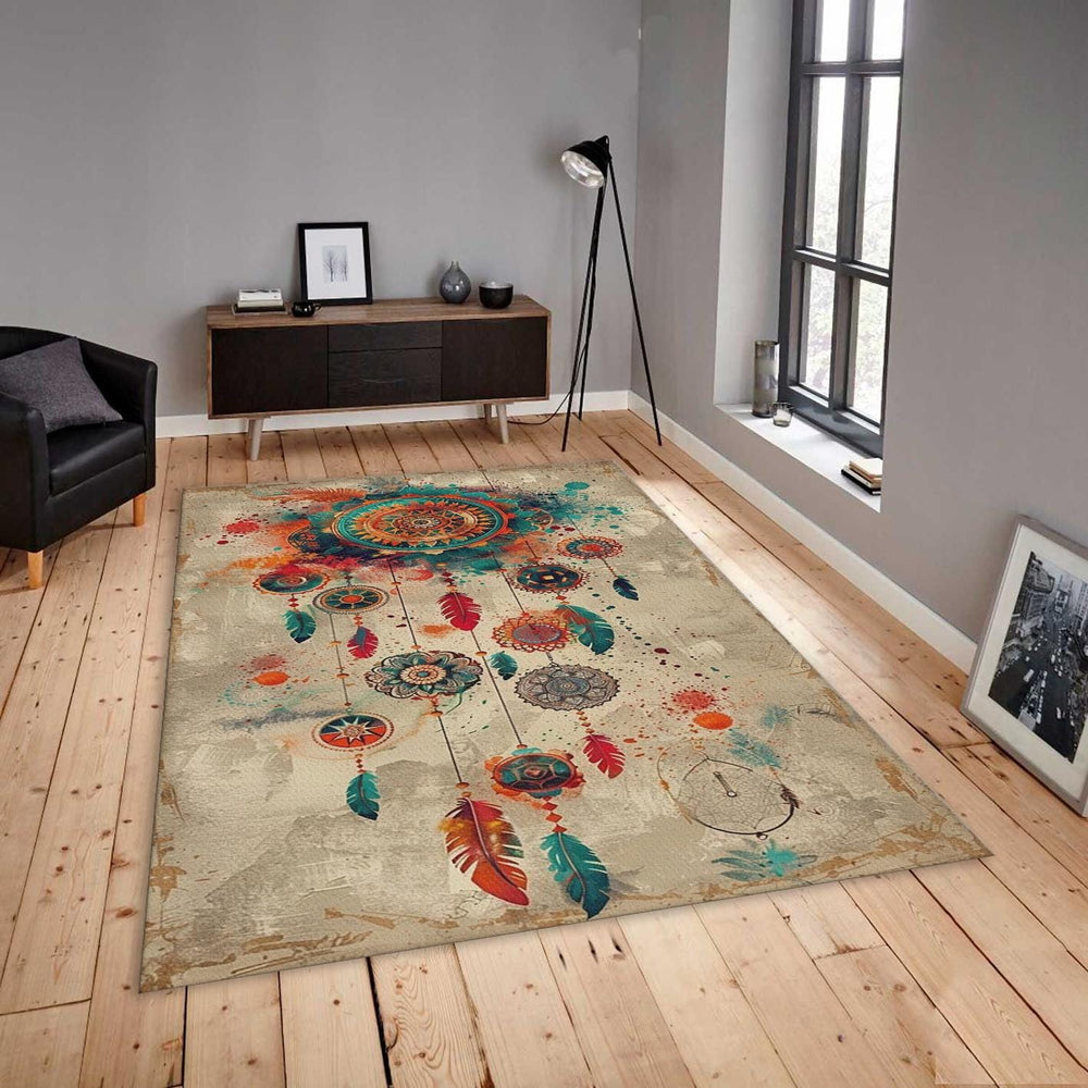Boho Dreamcatcher Area Rug, Colorful Feather Art, Non-Slip Carpet