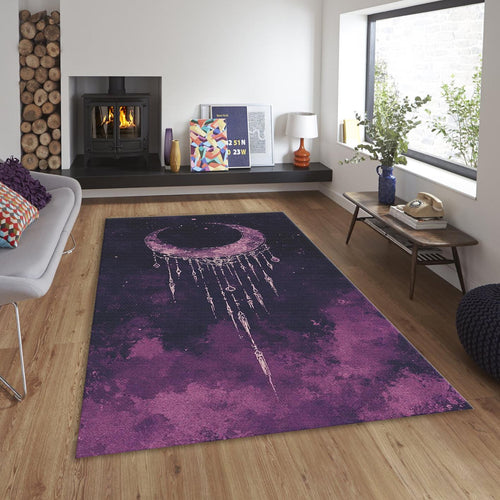 Goth Moon Area Rug, Purple Black Celestial Carpet, Non-Slip