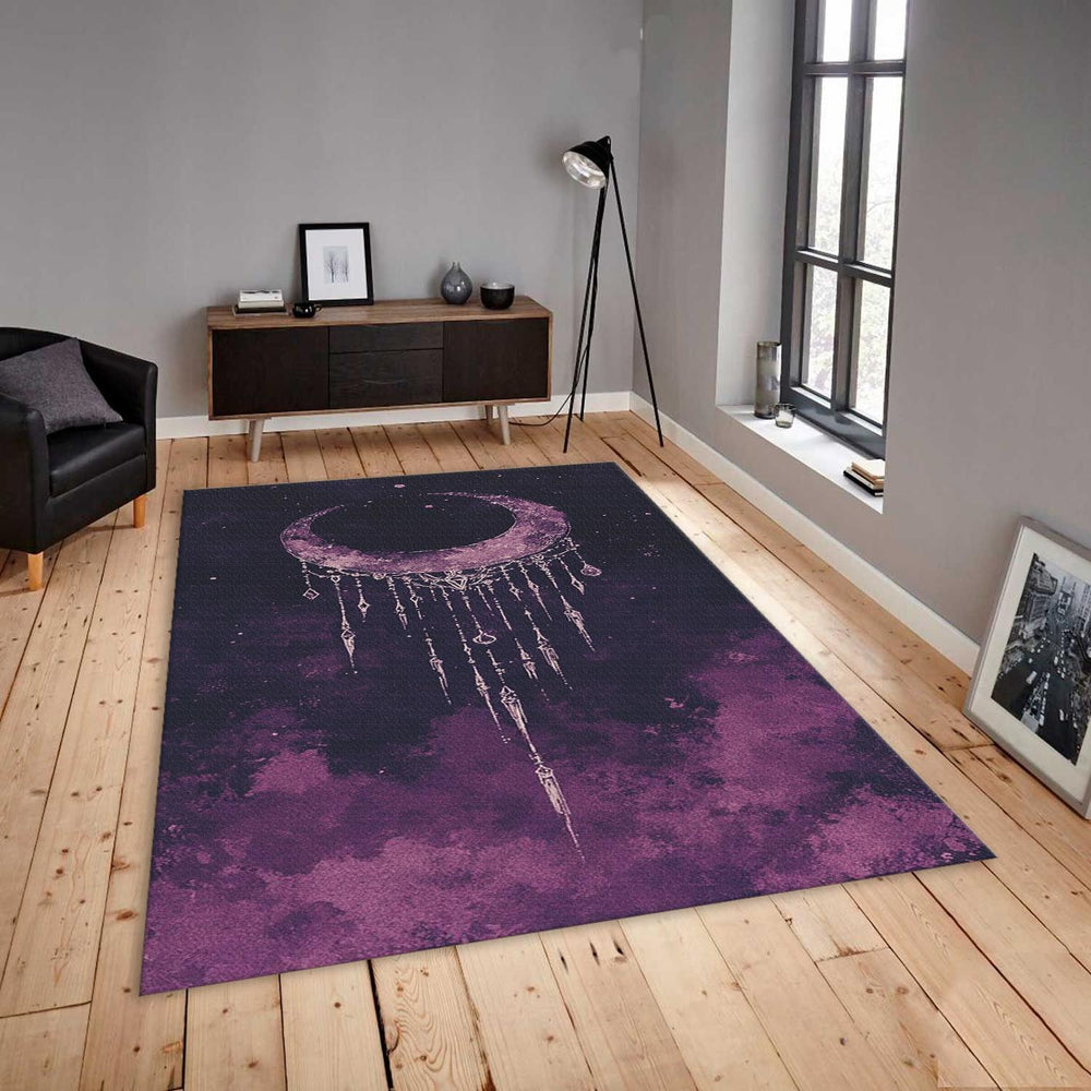 Goth Moon Area Rug, Purple Black Celestial Carpet, Non-Slip