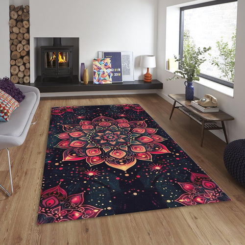 Red Gold Mandala Area Rug, Spiritual Zen Decor, Non-Slip