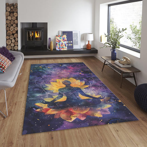 Lotus Flower Meditation Rug, Watercolor Galaxy Art, Non-Slip