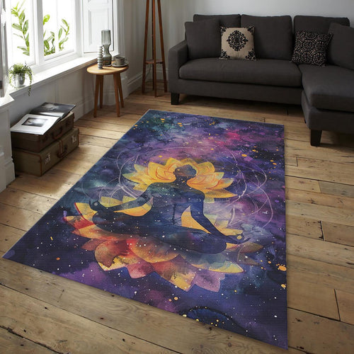 Lotus Flower Meditation Rug, Watercolor Galaxy Art, Non-Slip