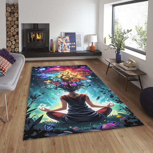 Psychedelic Meditation Rug, Colorful Mushroom, Zen Decor