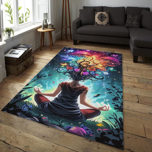 Psychedelic Meditation Rug, Colorful Mushroom, Zen Decor