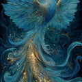 Phoenix Area Rug, Blue Gold, Zen Reiki Decor, Non-Slip