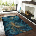 Phoenix Area Rug, Blue Gold, Zen Reiki Decor, Non-Slip