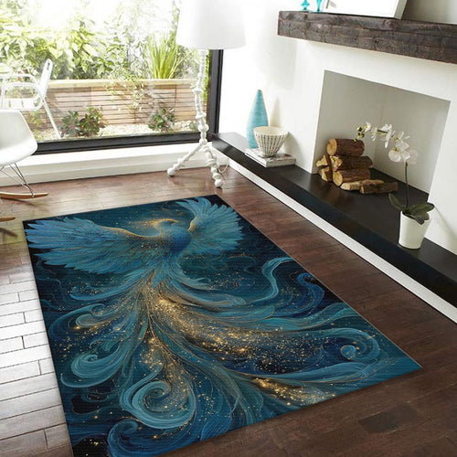 Phoenix Area Rug, Blue Gold, Zen Reiki Decor, Non-Slip