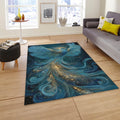 Phoenix Area Rug, Blue Gold, Zen Reiki Decor, Non-Slip