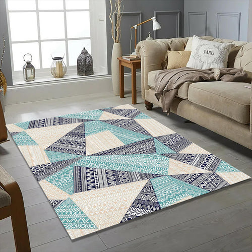 Geometric Tribal Patchwork Rug Navy Aqua Teal Bohemian Abstract
