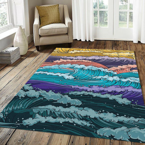 Vibrant Cartoon Ocean Waves Rug Dynamic Blue Purple Sea Art Mat