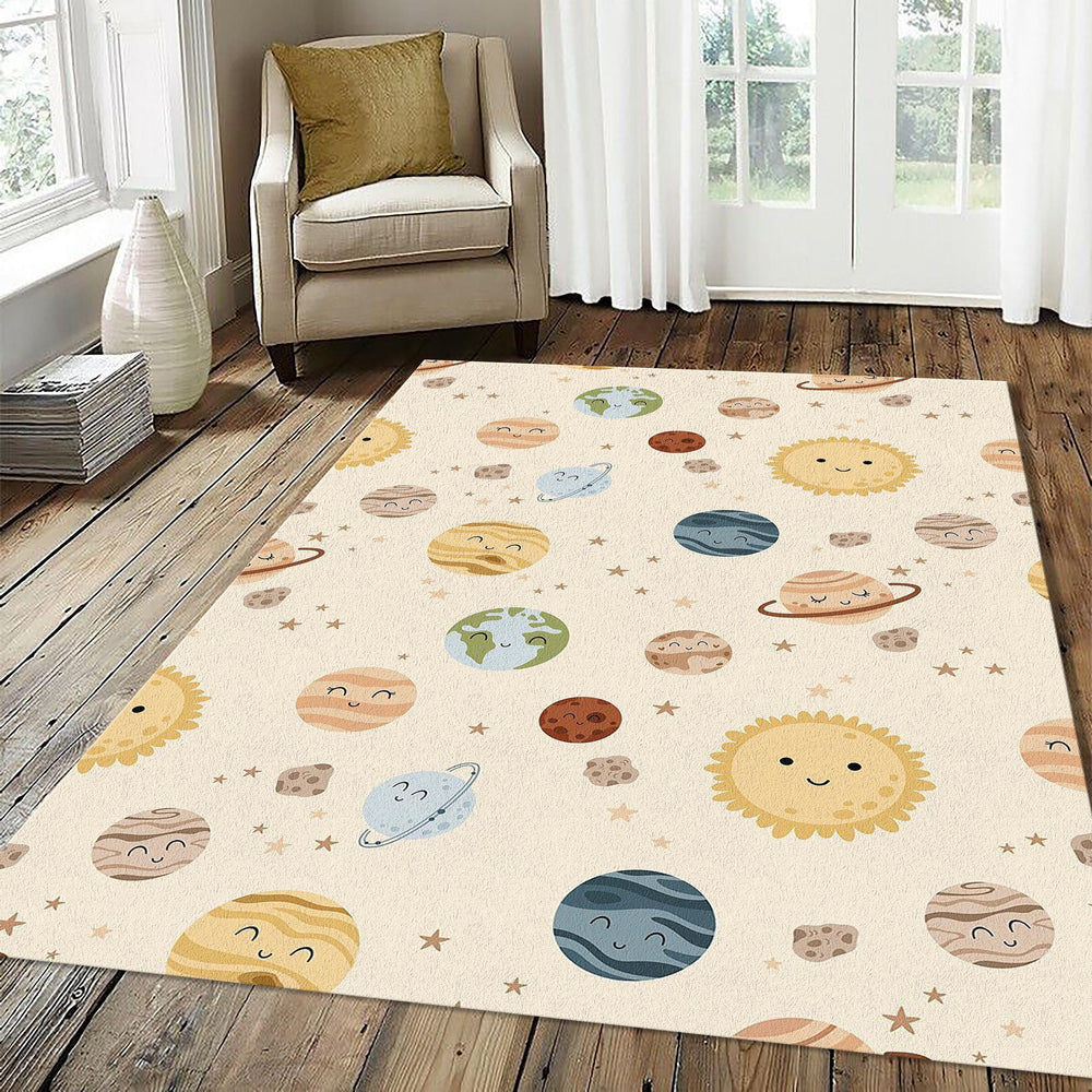 Cute Celestial Planets Pattern Rug Neutral Pastel Space Nursery