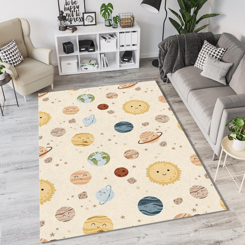 Cute Celestial Planets Pattern Rug Neutral Pastel Space Nursery
