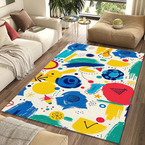 Mid-Century Pop Art Abstract Rug Primary Color Brushstroke Doodle